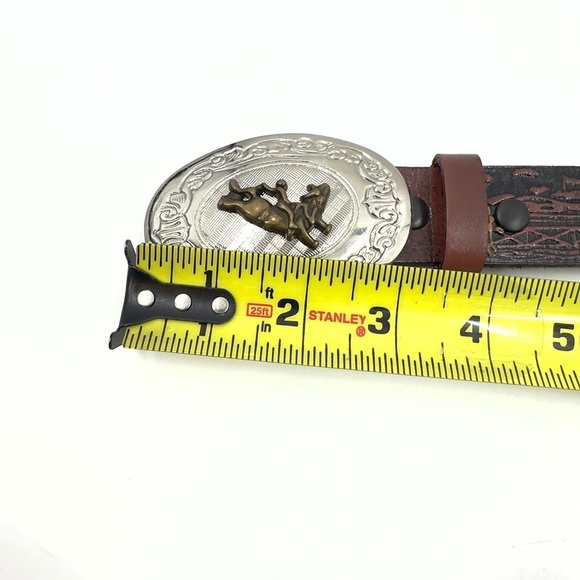 Nocona Western Rodeo Tooled Leather Belt Boys Size 24 Big Buckle Bull Rider - Picture 11 of 13